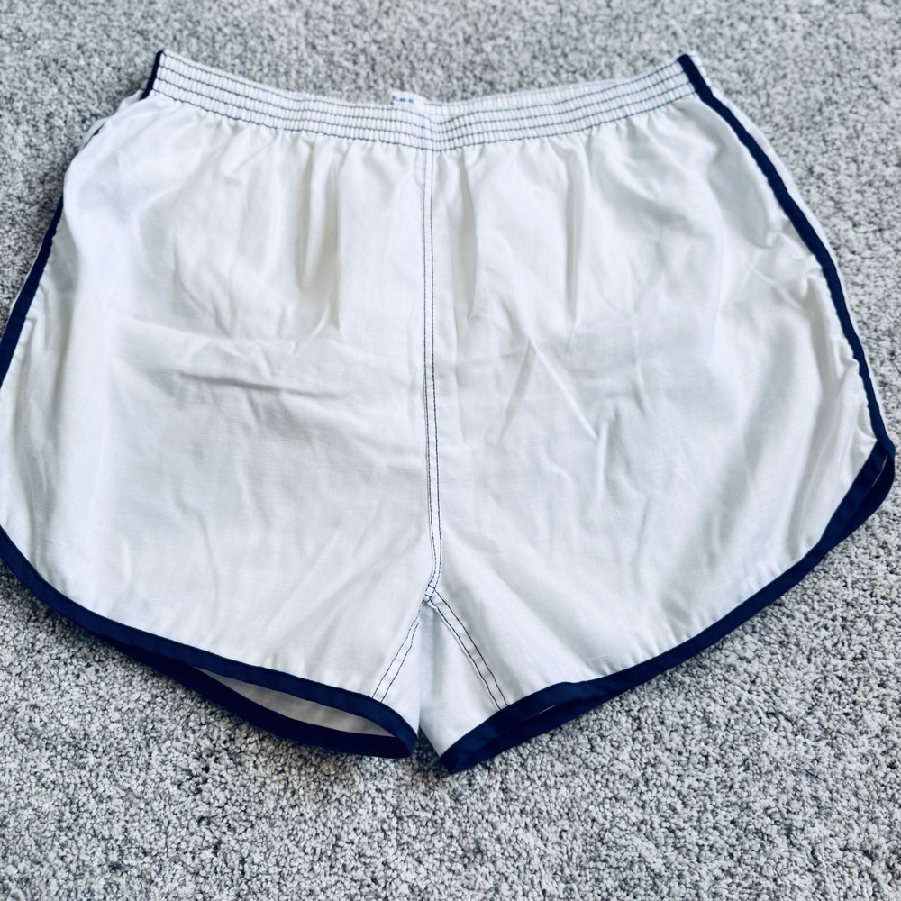 Vintage 80s Running Shorts Tapered Shorts Adult Size XL 40-42 White‎ Blue Stripe